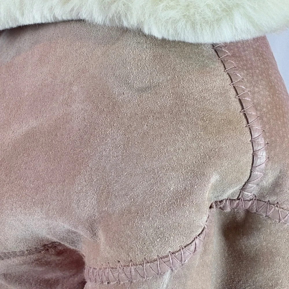 Wilsons Leather Pink Suede‎ Hooded Jacket Faux Fur Shearling Lined Dusty Rose